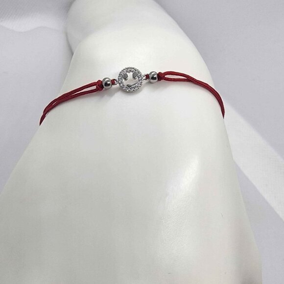 925 Sterling Silver Happy Smile Charm Bracelet with Red Adjustable String - Picture 2 of 3